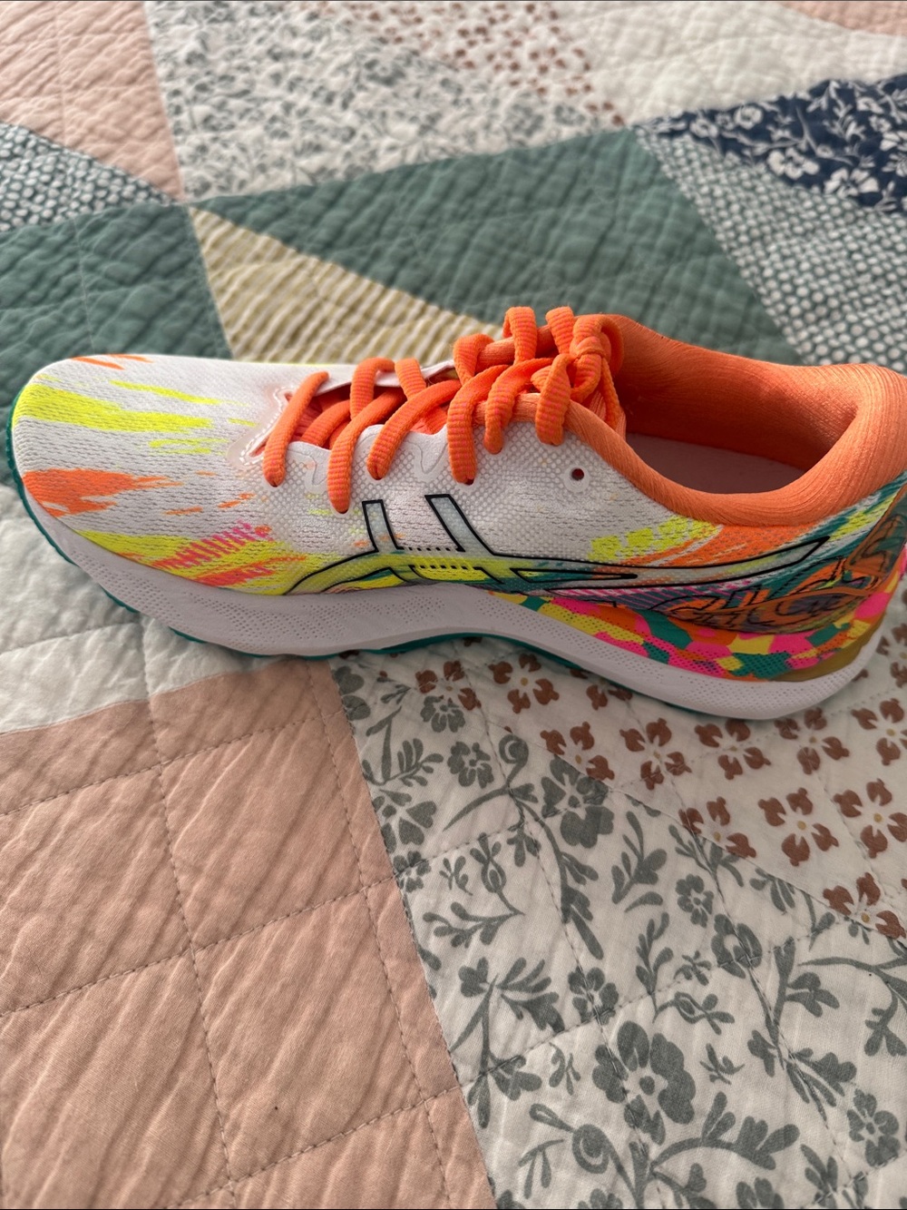Asics White Athletic Shoes with Bright Orange Laces and Neon Yellow Accents - Picture 5 of 5